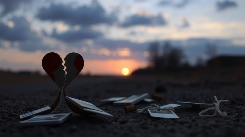 Két elválasztott szív és fényképek a földön, a naplemente hátterében.