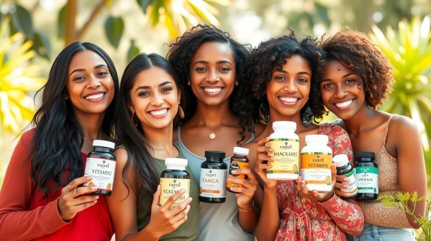 Nők vitaminokat tartanak a kezükben, egészségmegőrzés céljából.