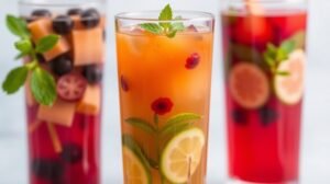 Színes és frissítő kombucha italok, gazdag gyümölcsökkel és gyógynövényekkel.