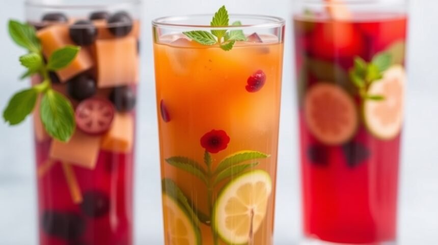 Színes és frissítő kombucha italok, gazdag gyümölcsökkel és gyógynövényekkel.