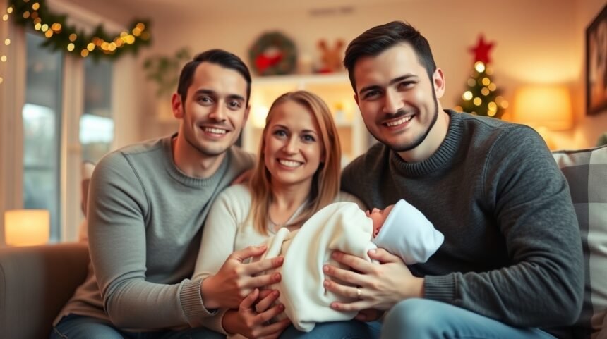 Család ünnepli a kisbaba első ünnepét, harmónikus együttlétben.