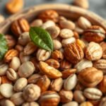 Olajos magvak tálban, friss levelekkel kiegészítve.