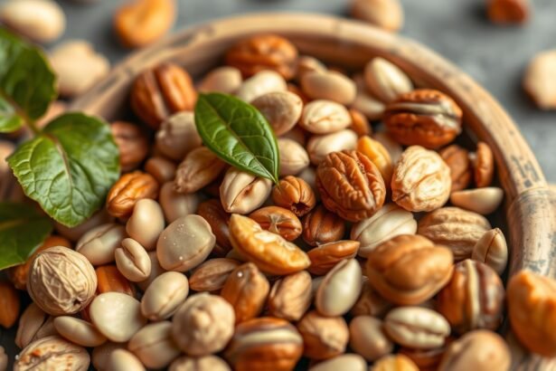 Olajos magvak tálban, friss levelekkel kiegészítve.