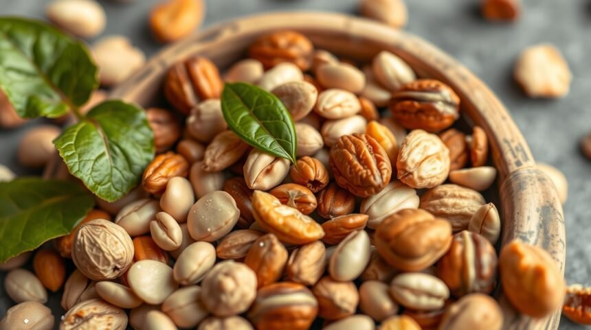 Olajos magvak tálban, friss levelekkel kiegészítve.