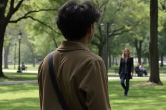 Egy férfi és nő sétálnak a parkban, érzelem és érdeklődés között.