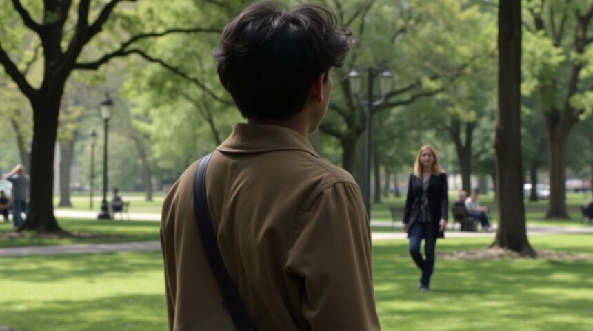 Egy férfi és nő sétálnak a parkban, érzelem és érdeklődés között.