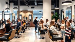 Modern fodrászati szalon kliensekkel és fodrászokkal.