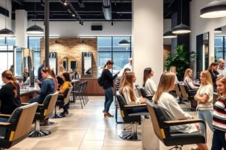 Modern fodrászati szalon kliensekkel és fodrászokkal.