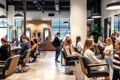 Modern fodrászati szalon kliensekkel és fodrászokkal.