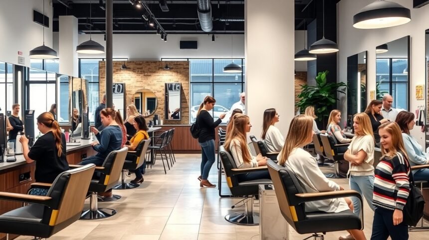 Modern fodrászati szalon kliensekkel és fodrászokkal.