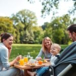 Családi piknik bébiúttal a parkban, boldog pillanatokkal.
