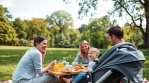 Családi piknik bébiúttal a parkban, boldog pillanatokkal.