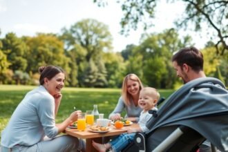 Családi piknik bébiúttal a parkban, boldog pillanatokkal.