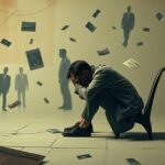 Férfi szomorúan ül, miközben képek lebegnek körülötte, utalva a kapcsolati problémákra.