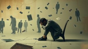 Férfi szomorúan ül, miközben képek lebegnek körülötte, utalva a kapcsolati problémákra.