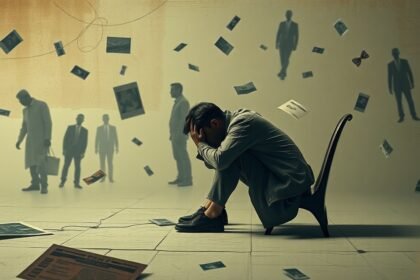 Férfi szomorúan ül, miközben képek lebegnek körülötte, utalva a kapcsolati problémákra.