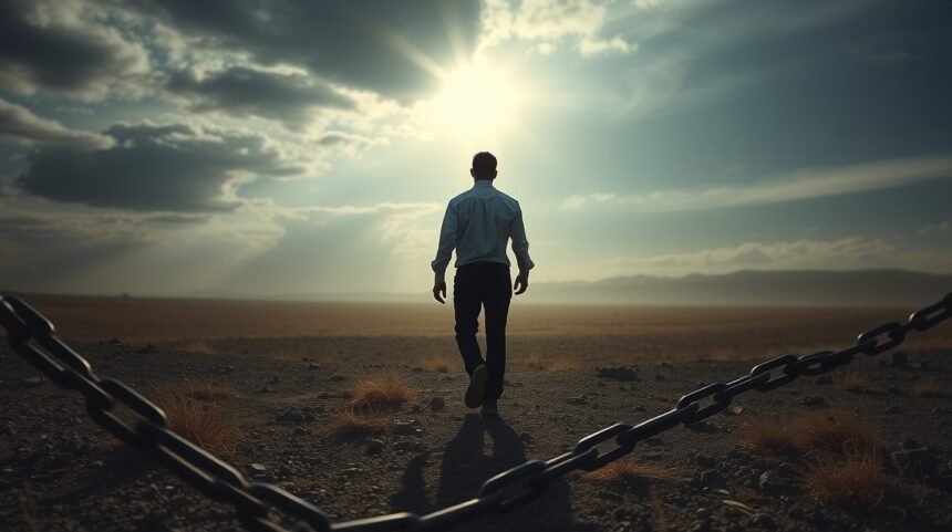 Férfi, aki egyedül sétál a napfelkeltében, eltávolítva a láncokat.