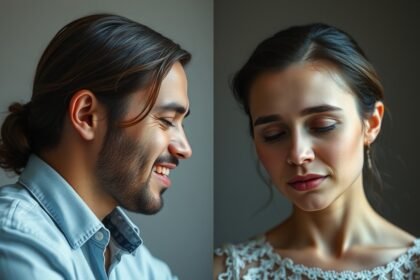 Egy férfi és egy nő arca, akik az érzelmi kapcsolatokról gondolkodnak.