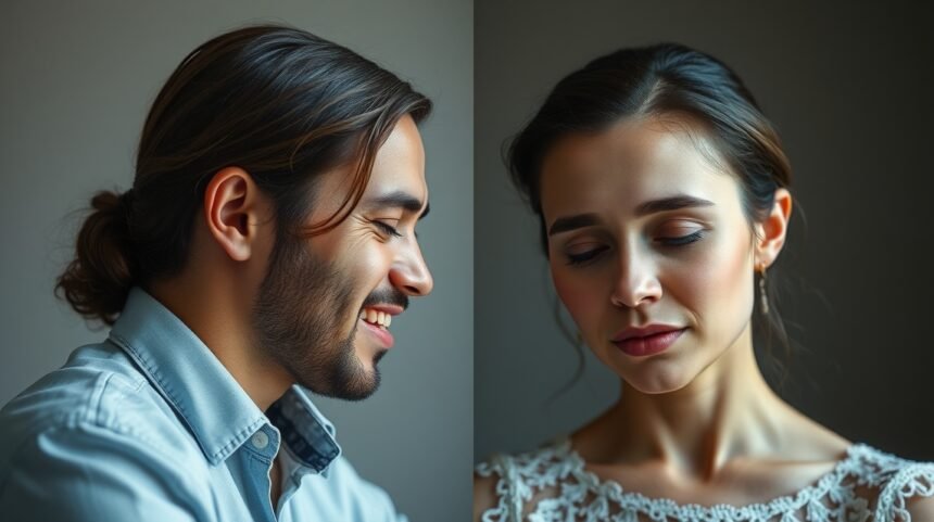 Egy férfi és egy nő arca, akik az érzelmi kapcsolatokról gondolkodnak.