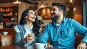 womensway 145 Boldog fiatal pár beszélget egy kávézóban, mosolyogva.