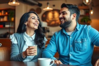 Boldog fiatal pár beszélget egy kávézóban, mosolyogva.