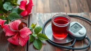 Hibiszkusztea és vérnyomásmérő, természetes megoldás egészségre.