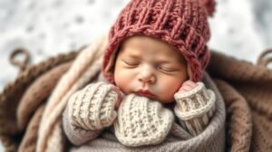 Csecsemő réteges téli öltözetben, sapkával és kesztyűvel.