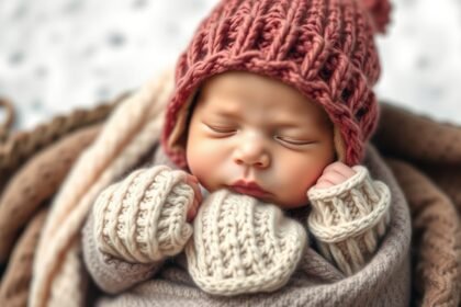 Csecsemő réteges téli öltözetben, sapkával és kesztyűvel.