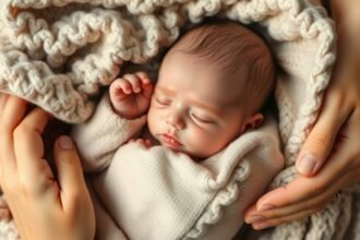 Csecsemő szülői ölelésben, meleg takaró alatt