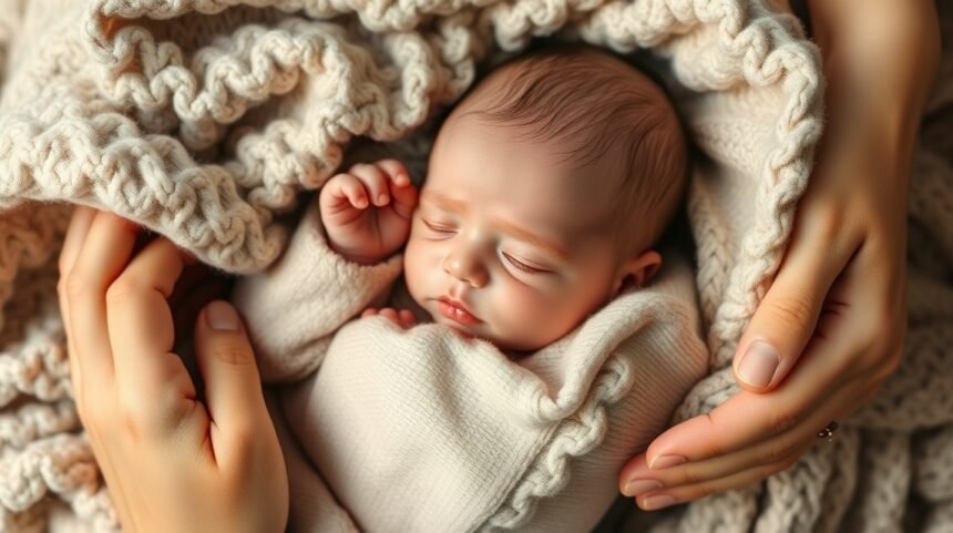 Csecsemő szülői ölelésben, meleg takaró alatt