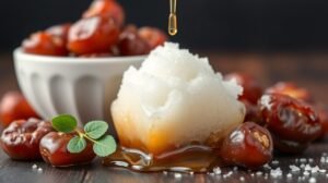 womensway 128 Datolyaszirup és friss datolyák tálban, egészséges alternatíva.