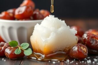 Datolyaszirup és friss datolyák tálban, egészséges alternatíva.