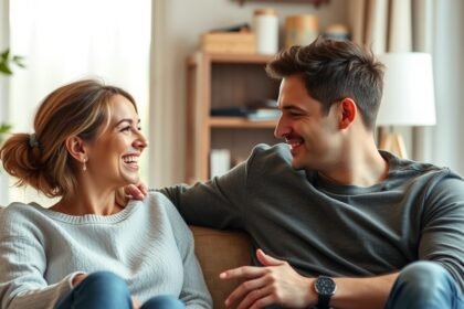Boldog pár beszélget a kanapén, érdeklődés fenntartása tippekkel