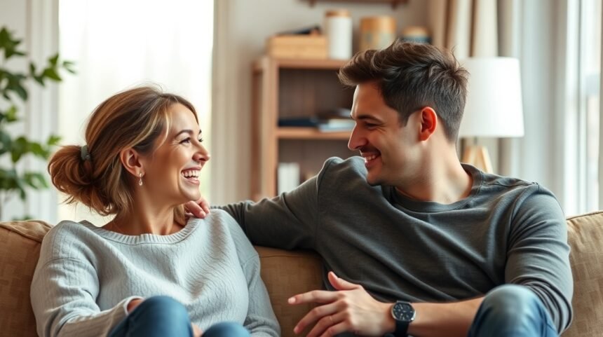 Boldog pár beszélget a kanapén, érdeklődés fenntartása tippekkel