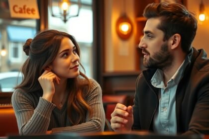 Két fiatal beszélget egy kávézóban, figyelve egymásra.