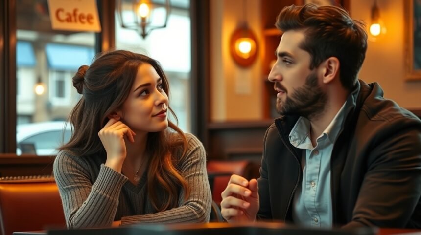 Két fiatal beszélget egy kávézóban, figyelve egymásra.