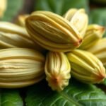 Friss kardamom hüvelyek leveleken, természetes fűszer.