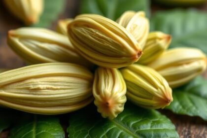 Friss kardamom hüvelyek leveleken, természetes fűszer.