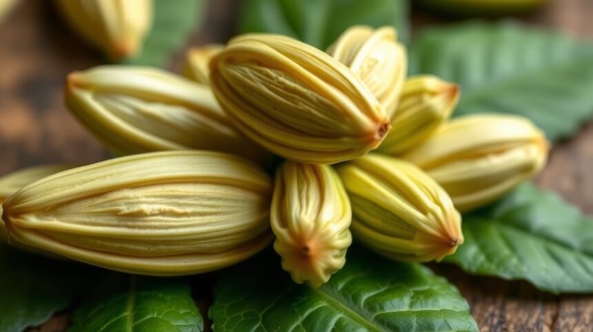 Friss kardamom hüvelyek leveleken, természetes fűszer.