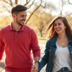 Fiatal pár sétál a parkban, boldog pillanatok az új kapcsolatban.