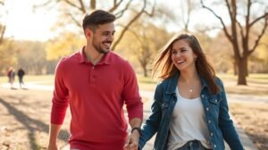 Fiatal pár sétál a parkban, boldog pillanatok az új kapcsolatban.