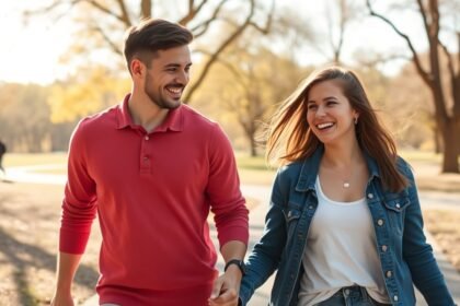 Fiatal pár sétál a parkban, boldog pillanatok az új kapcsolatban.