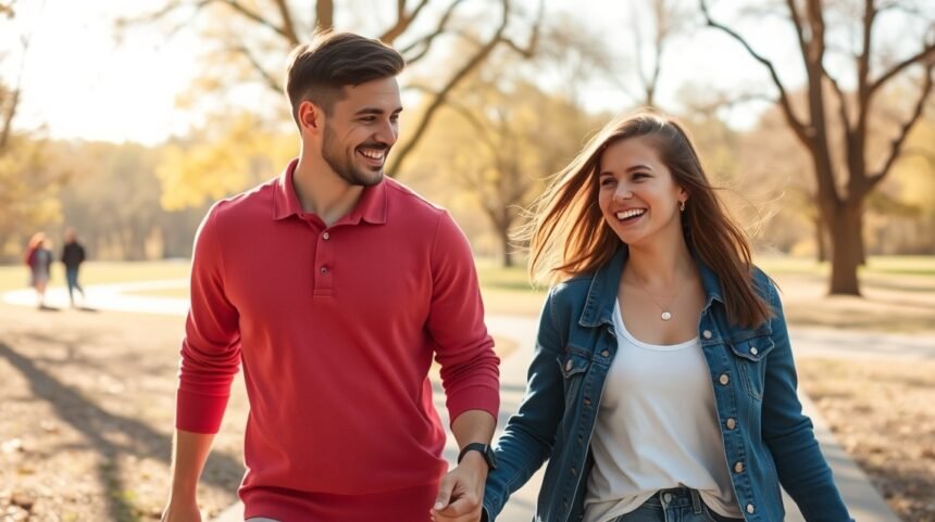 Fiatal pár sétál a parkban, boldog pillanatok az új kapcsolatban.