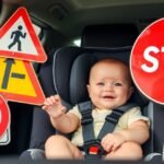 Csecsemő biztonságosan ül egy gyerekülésben az autóban.