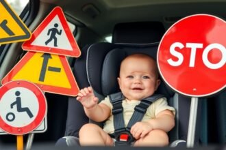 Csecsemő biztonságosan ül egy gyerekülésben az autóban.