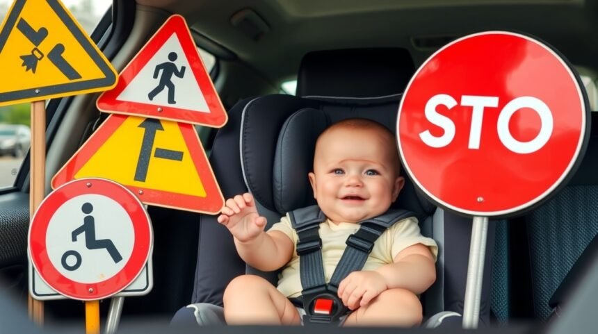 Csecsemő biztonságosan ül egy gyerekülésben az autóban.