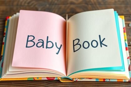 Kézműves babakönyv nyitott lapokkal, színes tartalommal.