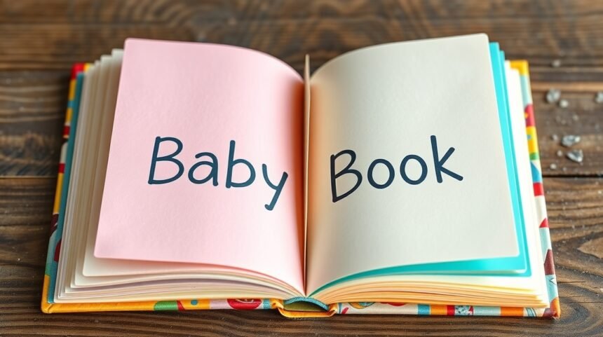 Kézműves babakönyv nyitott lapokkal, színes tartalommal.