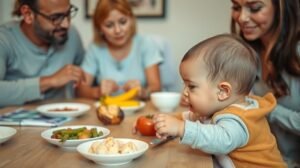 Csecsemő hozzátáplálás ételekkel az étkezőasztalon
