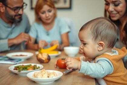 Csecsemő hozzátáplálás ételekkel az étkezőasztalon